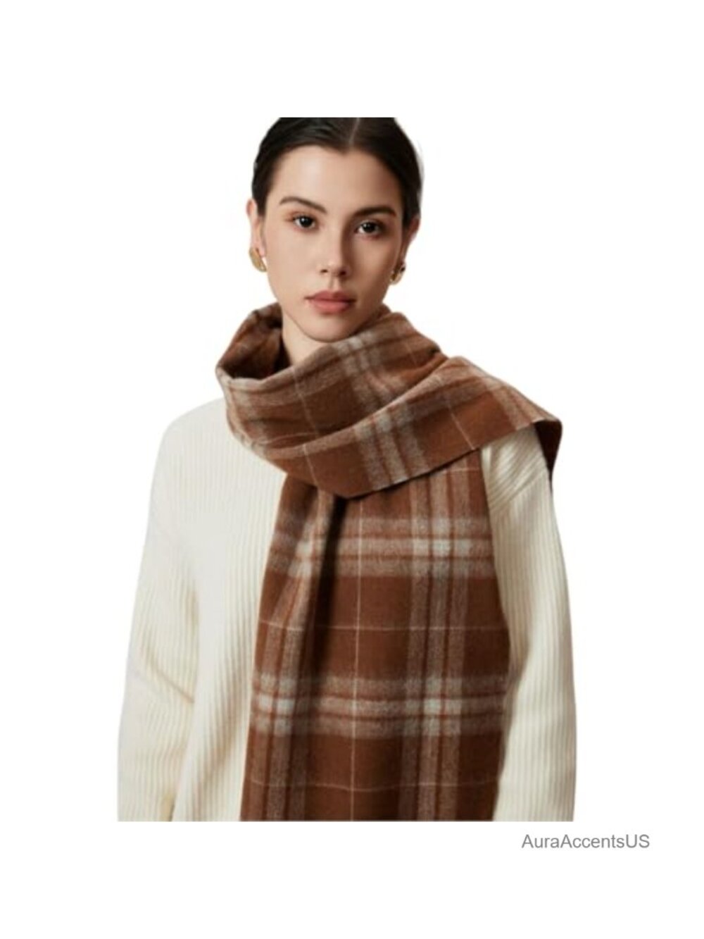 Wool Blend Plaid Scarf with Tassels Oversized Wrap Shawl for Women